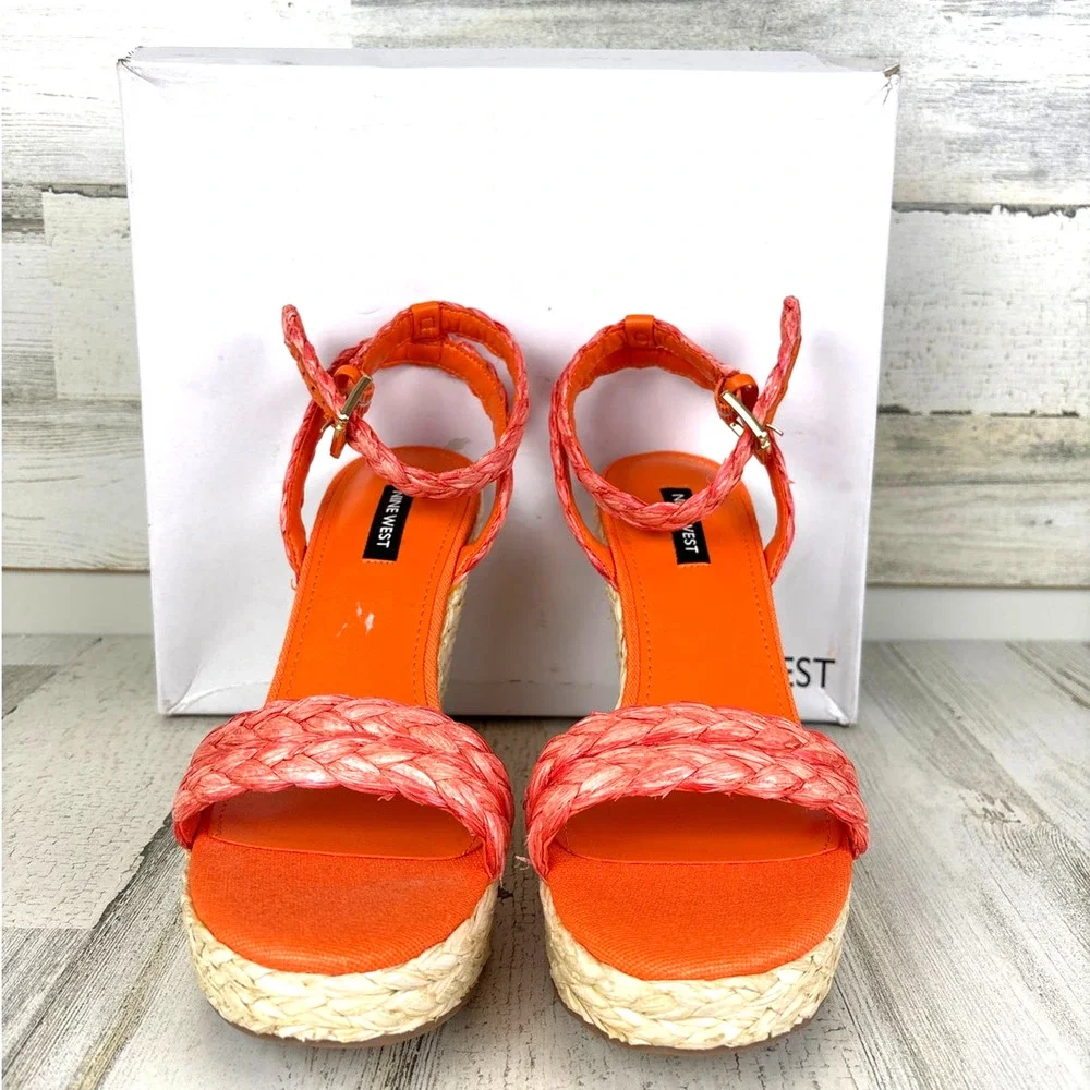 Nine West Womens 10 Orange Henri Espadrille Woven Wedge Sandals NWT